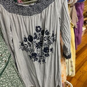 Vintage!!!!Striped Navy Floral Embroidered Women's dress